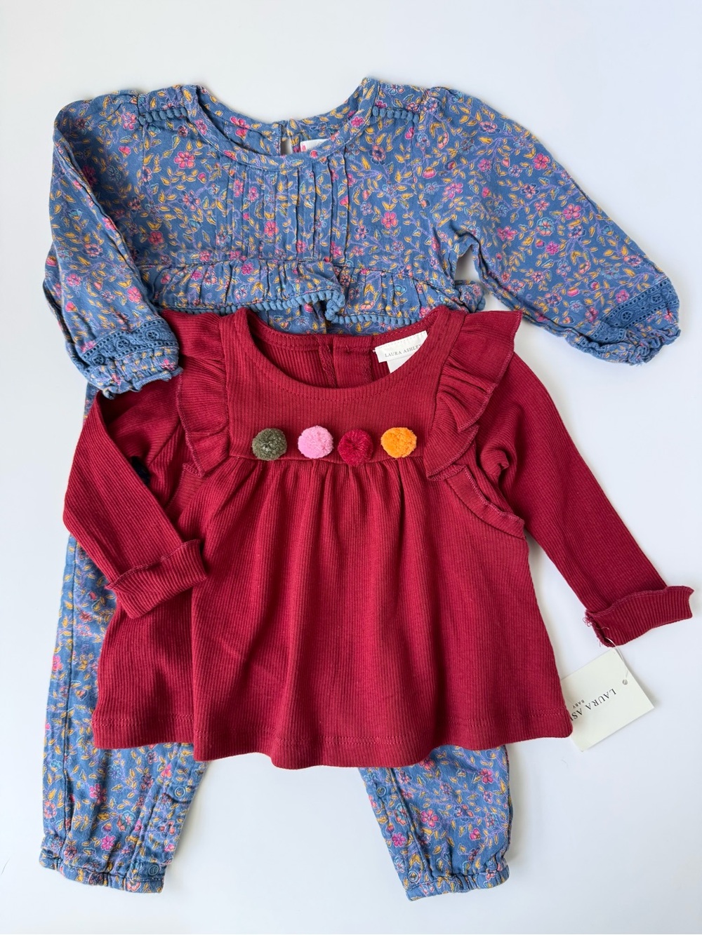 EGG New York Floral Jumpsuit and Laura Ashley Baby Ribbed Blouse with Pom Poms